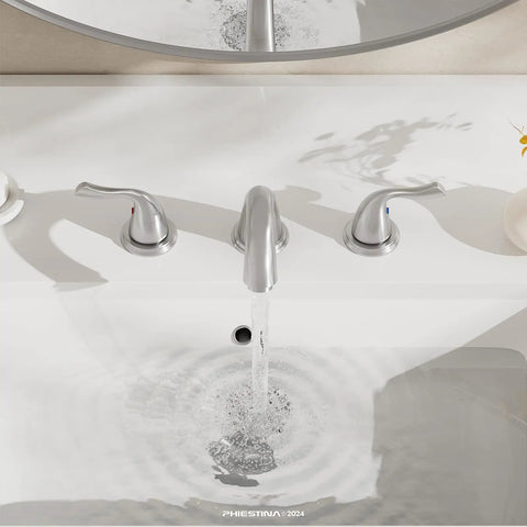 8 Inch Widespread Bathroom Faucet For 3 Hole Sink In Brushed Nickel With Metal Pop Up Drain And Water Supply Lines