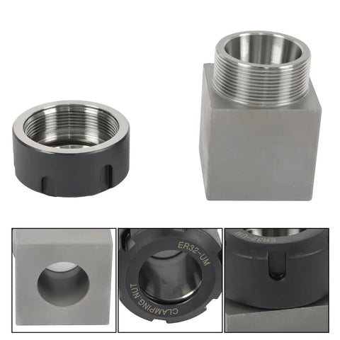 Pro Grade ER 32 Collet Block Set With Square And Hex Clamp Blocks for CNC lathe, square block and clamp detail, ultra flat precision.
