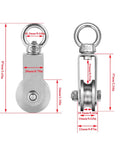 Heavy Duty Stainless Steel Snatch Pulley Block With 360 Degree Swivel Wheel Carabiner For Lifting And Winching U Groove Pulley Wheel Set Durable Rigging Pulleys 2 Pack with dimensions