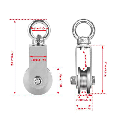 Heavy Duty Stainless Steel Snatch Pulley Block With 360 Degree Swivel Wheel Carabiner For Lifting And Winching U Groove Pulley Wheel Set Durable Rigging Pulleys 2 Pack with dimensions