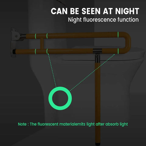Heavy Duty Foldable Toilet Grab Bar With Flip Up Bathroom Safety Rail Non Slip Shower Support Handle Heavy Lifter Core glows at night.