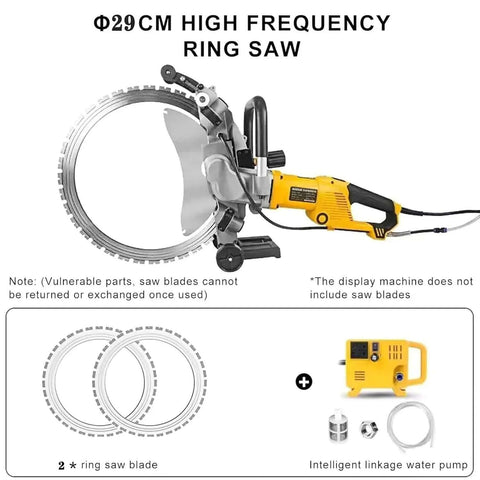 Heavy Duty Brushless Circular Saw For Concrete And Cement Walls, 290 Mm motor with ring saw blades and water pump for efficient cutting.