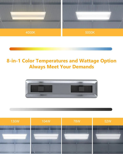 1.5 Ft Led Linear High Bay Light Adjustable Wattage 52W To 130W Swapping 4000K Or 5000K Shades display with color temperature options.