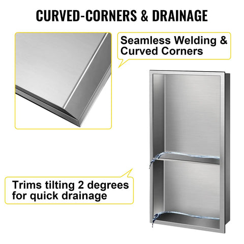 304 Stainless Steel Shower Niche 12 By 24 By 4 Inches Wall Inset Recessed Shelf with curved corners and drainage feature