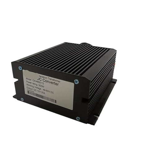 Heavy Duty Isolation DC To DC Converter 48V And 60V Input Steps Down To Stable 12V Output At Solid 25 Amps side view showing black casing and label
