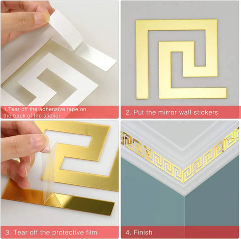 Gold 64 Piece DIY Mirror Wall Sticker Set Removable Adhesive Decals for Home Art Room Bedroom Decor Geometric Greek Key