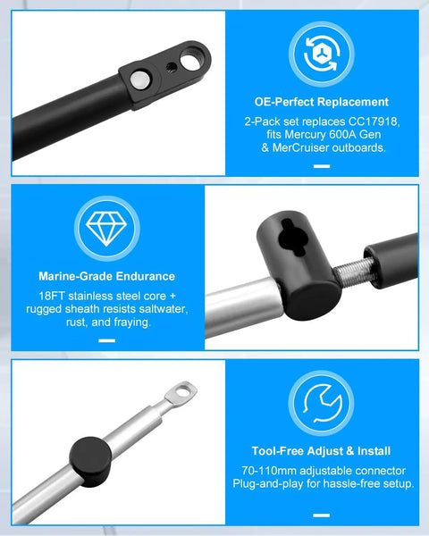Close-up of Gen I Boat Outboard Throttle And Shift Cable Set Fits Mercury MerCruiser Quicksilver Outboards 18ft 2 Pack CC17918 Replacement 600A Gen I Remote Control System Compatible Cables featuring adjustable connector and corrosion-resistant sheath.
