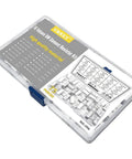 75 Piece 5W Ceramic Cement Resistor Kit With Axial Leads White Wirewound Power Resistors Covering 0.1R Through 10K Ohm For DIY Electronics, Auto Projects, And Pro Builds in clear plastic case.
