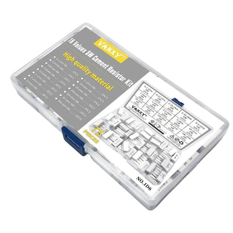 75 Piece 5W Ceramic Cement Resistor Kit With Axial Leads White Wirewound Power Resistors Covering 0.1R Through 10K Ohm For DIY Electronics, Auto Projects, And Pro Builds in clear plastic case.