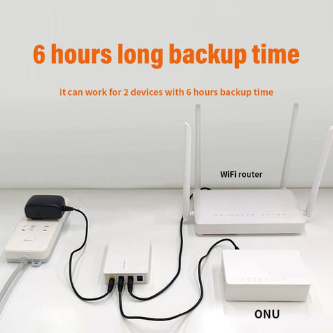 Portable DC UPS Backup Power Supply With 6000mAh Battery Keeps Your Router On Deck And Modems Running Steady Through Outages, 2 devices connected