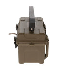 Rugged 12 Volt Battery Box For Trail Cameras in gray, durable material with handle, designed for outdoor use in freezing conditions.
