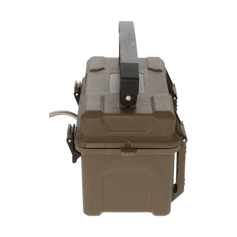 Rugged 12 Volt Battery Box For Trail Cameras in gray, durable material with handle, designed for outdoor use in freezing conditions.