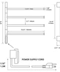 Dimensions and schematic of Swivel 4 Arm Towel Warmer Rack With Built In LED Timer Indicator Wall Mounted Plug In Electric Towel Heater