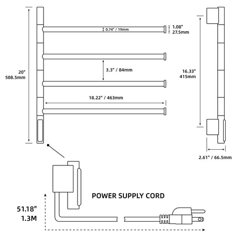 Dimensions and schematic of Swivel 4 Arm Towel Warmer Rack With Built In LED Timer Indicator Wall Mounted Plug In Electric Towel Heater