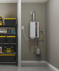 Natural Gas Tankless Water Heater 9.5 Gpm 199k Btu Wifi Enabled mounted in utility room with shelves and tools.