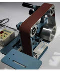 Heavy Duty 750W Belt Sharpener Polisher Rig Dual Axis Vertical Horizontal Electric Grinder With Beefy Steel Frame, close-up view.
