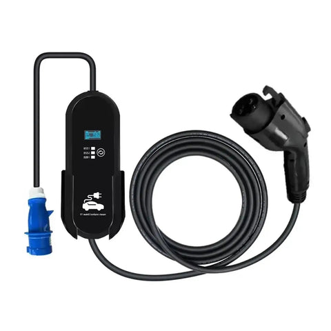 Portable Level 2 EV Charger With 16A 24A 32A Adjustable Output Type 1 J1772 Plug CEE Outlet, black charging box and cable
