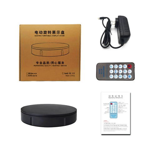 Heavy Duty Motorized Rotating Turntable With Remote Control 360 Degree Electric Product Display Stand For Jewelry Photography Video Marketing Show And Retail Store Black 24 Inch Wide Base with remote and charger.