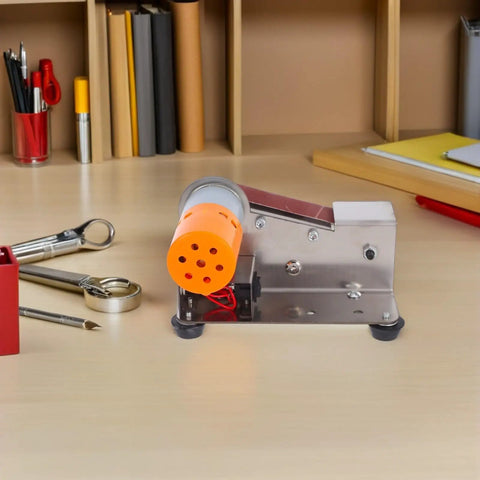 Merryhappy Portable Electric Belt Sander With High Torque Motor for versatile grinding, compact design, and stability on workbench.