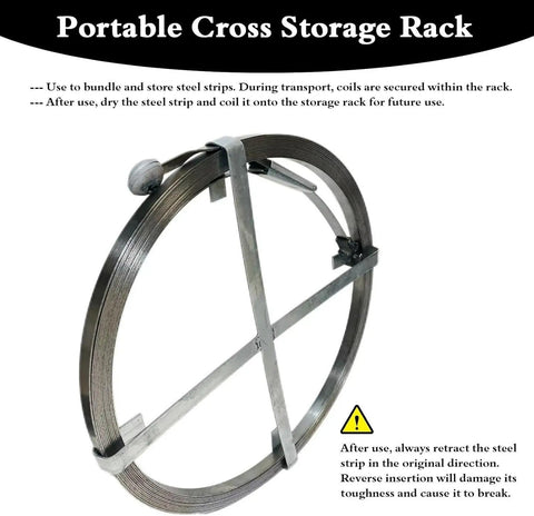 Portable cross storage rack for bundling steel strips, featuring durable construction to secure coils during transport.