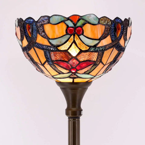 Orange Tiffany Style Floor Lamp With Stained Glass Shade, 12 Inch Wide 71 Inch Tall Torchiere, Antique Bronze Base