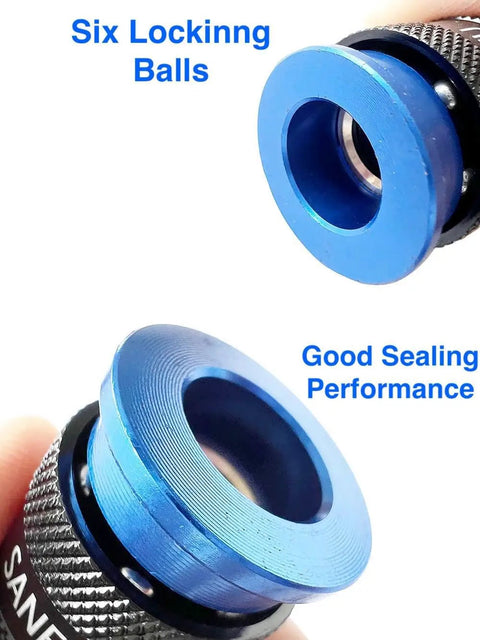 Close-up of Top Shelf Aluminum Air Hose Fittings Kit quick connect coupler showing six ball locks and good sealing performance.