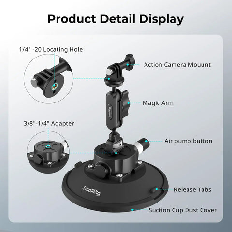 6 Inch Suction Cup Mount With Ball Head Magic Arm For Action Cameras On Car Windshield Display