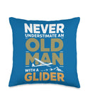 Sailplane Pilot Throw Pillow For Dads And Glider Fans Who Live For Silent Lifts Thermals And Ridge Soaring Perfect Gift For Aero Club Members And Flight Training Buffs with 'Never Underestimate An Old Man With A Glider' design on blue background.