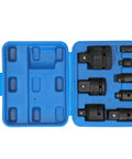 Eight Piece Pneumatic Sleeve Adapter Set Double Ended Socket Reducers For Quick Vehicle Repairs Three Eighths To One Quarter Inch And One Half To Three Quarters Inch Size Transitions In One Kit Chrome Vanadium Steel With Handy Toolbox