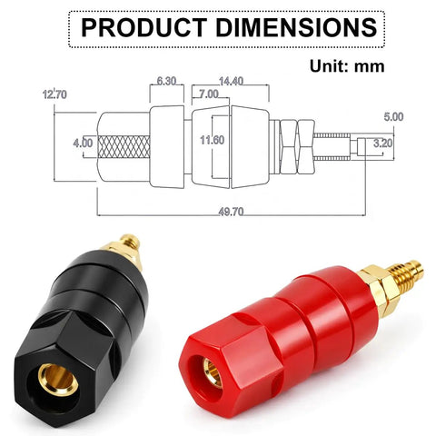 Dead Simple Plug And Play Speaker Binding Posts, M5 By 50mm Pure Copper Audio Terminals, product dimensions with red and black connectors.