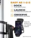 StarSense Explorer 150AZ App Enabled Telescope with docked smartphone and setup instructions for beginners