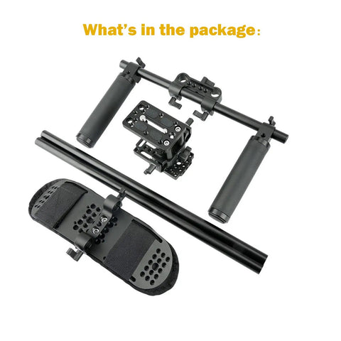 No Hassle 15mm Shoulder Rig With Pad And Riser Base Plate For DSLR And Mirrorless Cameras, 60mm Rod Center, Rail Handle Kit components