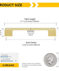 Diagram of gold cabinet pull dimensions including total length, height, diameter, and hole center with coin for scale.