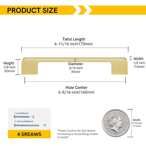 Diagram of gold cabinet pull dimensions including total length, height, diameter, and hole center with coin for scale.