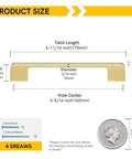 Size dimensions for 30 Pack Gold Cabinet Pulls Square Drawer Handles, Dope Look, 6-1/4 Inch Hole Center, Zinc Alloy Brushed Brass Finish.