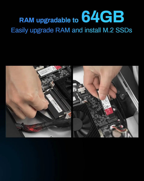 Hands upgrading RAM and M.2 SSDs inside a Screaming Fast 12 Bay Network Attached Storage Chassis featuring Intel Core I7 1255U.