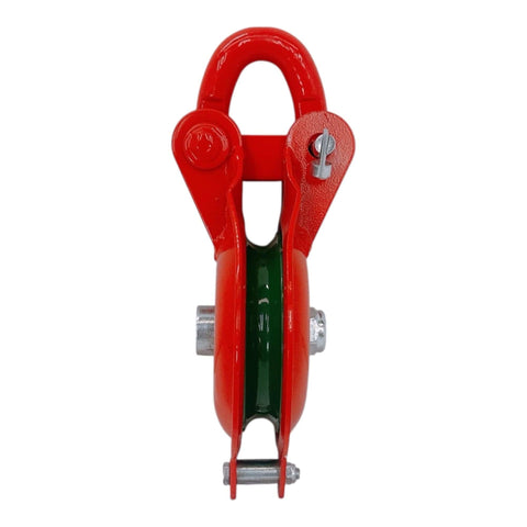 Front view of Beefed Up Yarding Block With Side Opening Link 4 Inch Single Sheave Red Powder Coat Fits 9 mm Rope 2200 Lbs Working Load Limit