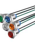 Five Pack 10mm Waterproof LED Indicator Lights Set For 3V To 9V DC With Wires 20mA 0.5W Metal Indicator Lamps In Red Orange Blue Green White For DIY Projects And Gearhead Automotive Electronics, shown with wires