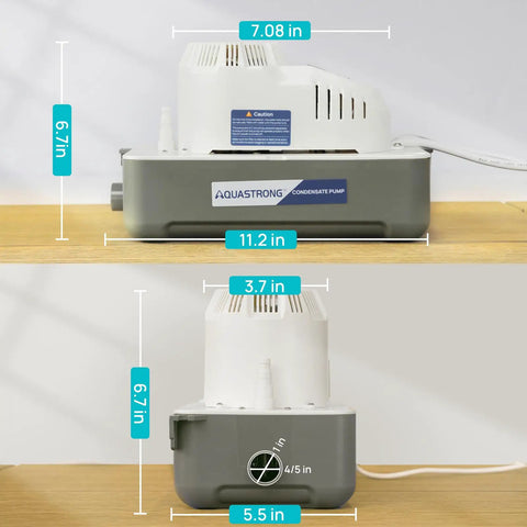 Automatic Condensate Pump For HVAC With Safety Switch, 115V, shown side view with dimensions, ideal for air conditioners.