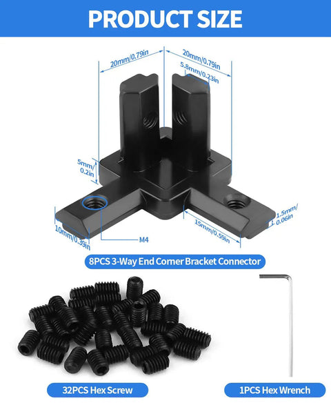 Diagram of 8Pcs 2020 Aluminum Extrusion 3 Way End Corner Bracket Connectors with 32 hex screws and 1 hex wrench