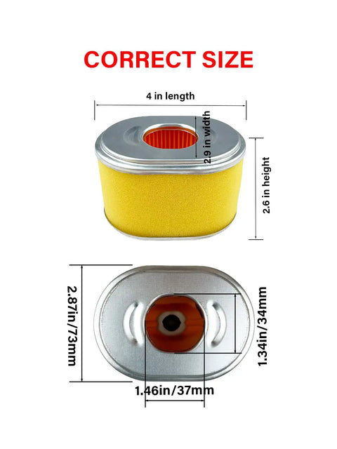 Air filter component of Tune Up Kit For Honda GX160 GX200 Small Engines 163cc 196cc Rebuild Kit with dimensions.