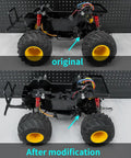 Heavy Duty Aluminum Rear Axle Suspension Mount Bracket For One Twelfth Tamiya Lunch Box CW01 RC Truck Bolt On Upgrade Parts Black CNC Drilled Hard Anodized Aluminum on modified RC truck showcasing enhanced rear axle setup.