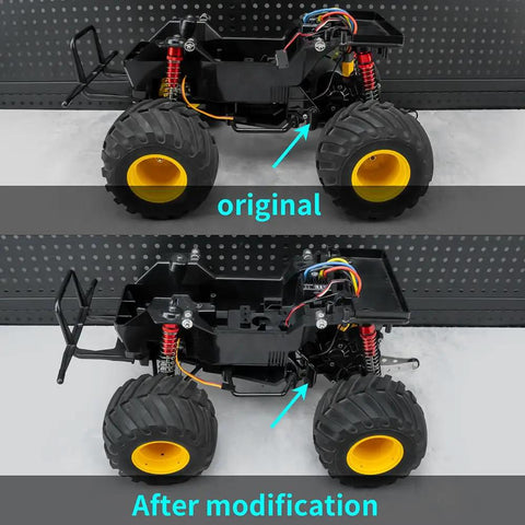 Heavy Duty Aluminum Rear Axle Suspension Mount Bracket For One Twelfth Tamiya Lunch Box CW01 RC Truck Bolt On Upgrade Parts Black CNC Drilled Hard Anodized Aluminum on modified RC truck showcasing enhanced rear axle setup.
