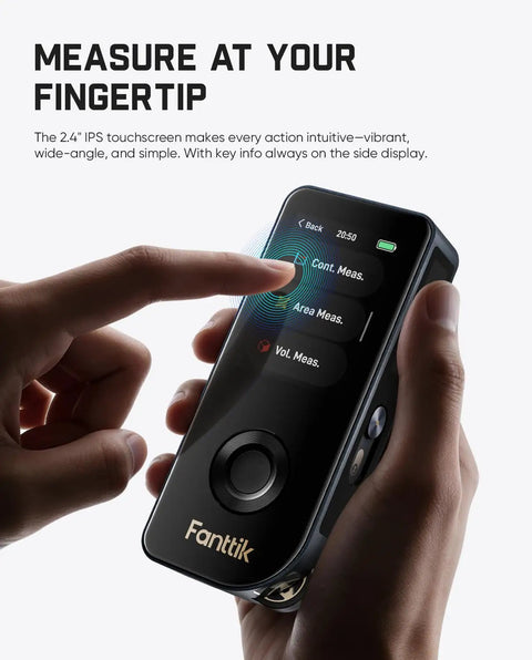 Person using IPS touch screen of Three In One Pro Grade Laser Measuring Tool With 197 Ft Range, IPS Touch Screen And Side LCD, Wheel Roller, 3 Axis Digital Level, Rechargeable For Home DIY And Indoor Projects.