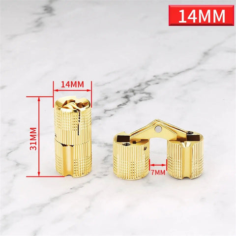Two Pieces Cylindrical Copper Barrel Hinges For Hidden Cabinet Concealed Invisible Brass Hinges 14mm shown on marble surface