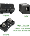 High Octane Midi Fuse Block For Screw On Or Strip Automotive Fuses Hella Durable M5 Bolt Mount showing front, side, and inside views.