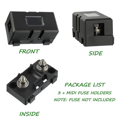 High Octane Midi Fuse Block For Screw On Or Strip Automotive Fuses Hella Durable M5 Bolt Mount showing front, side, and inside views.