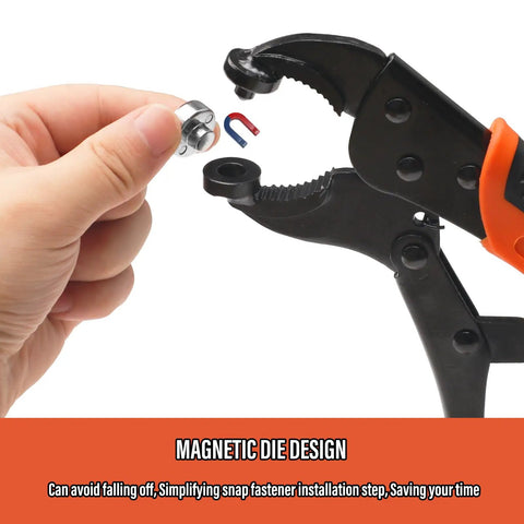 Hand holding magnetic die tool from Grab And Go Snap Fasteners Kit With 30 Sets Screws Snaps For Boat Covers Canvas Tarps And More