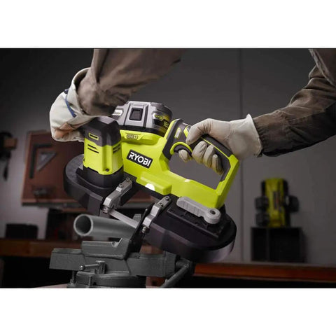 OneAnd 18V Cordless Compact Band Saw 2-1/2 Inch Capacity Tool Only P590 being used to cut metal pipe in workshop