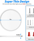 Diagram showing the Five Pack 9 Inch Flush Mount Ceiling Light White 18W 5000K LED Ultra Slim Round Flat Low Profile Fixture with measurements and included screws and wire nuts.